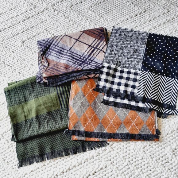 Scarf Bundle of 4 Plaid Argyle Stripes Dot Herringbone Contemporary 12.5"X68" - Picture 1 of 7